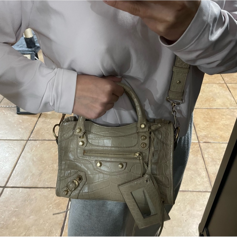BALENCIAGA | Calfskin Crocodile Embossed Gold Hardware Mini City Beige Latte - Picture 2 of 15